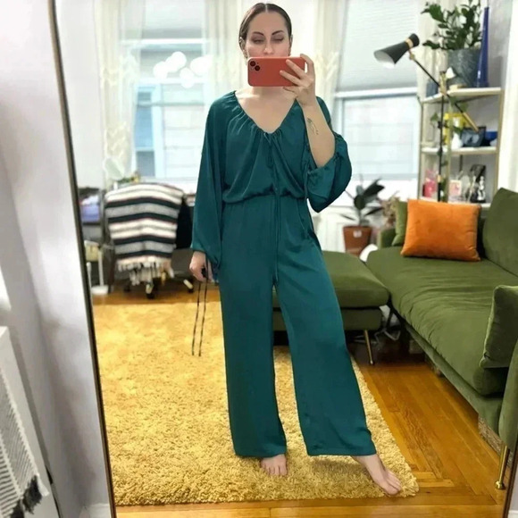 NWOT Dark Green / Turquoise Satin Effect Zara Jumpsuit - Picture 2 of 9